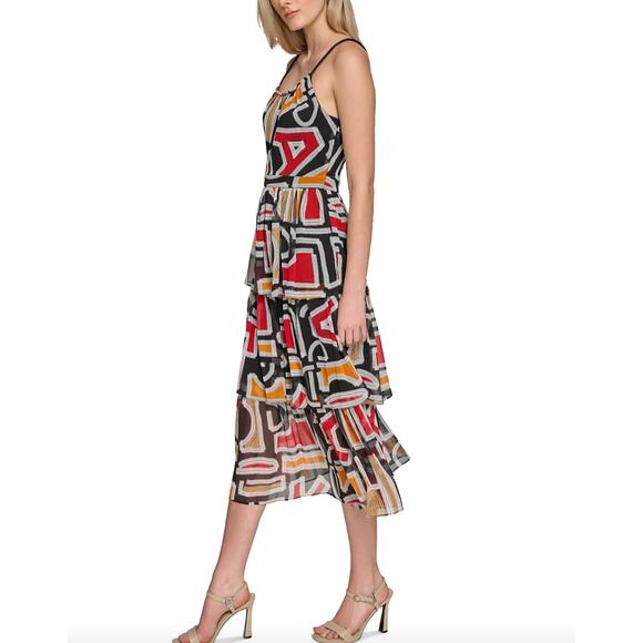 Karl Lagerfeld Printed Chiffon Ruffle Tiered Skirt Midi Dress | sz 8, Black Red - Picture 5 of 5